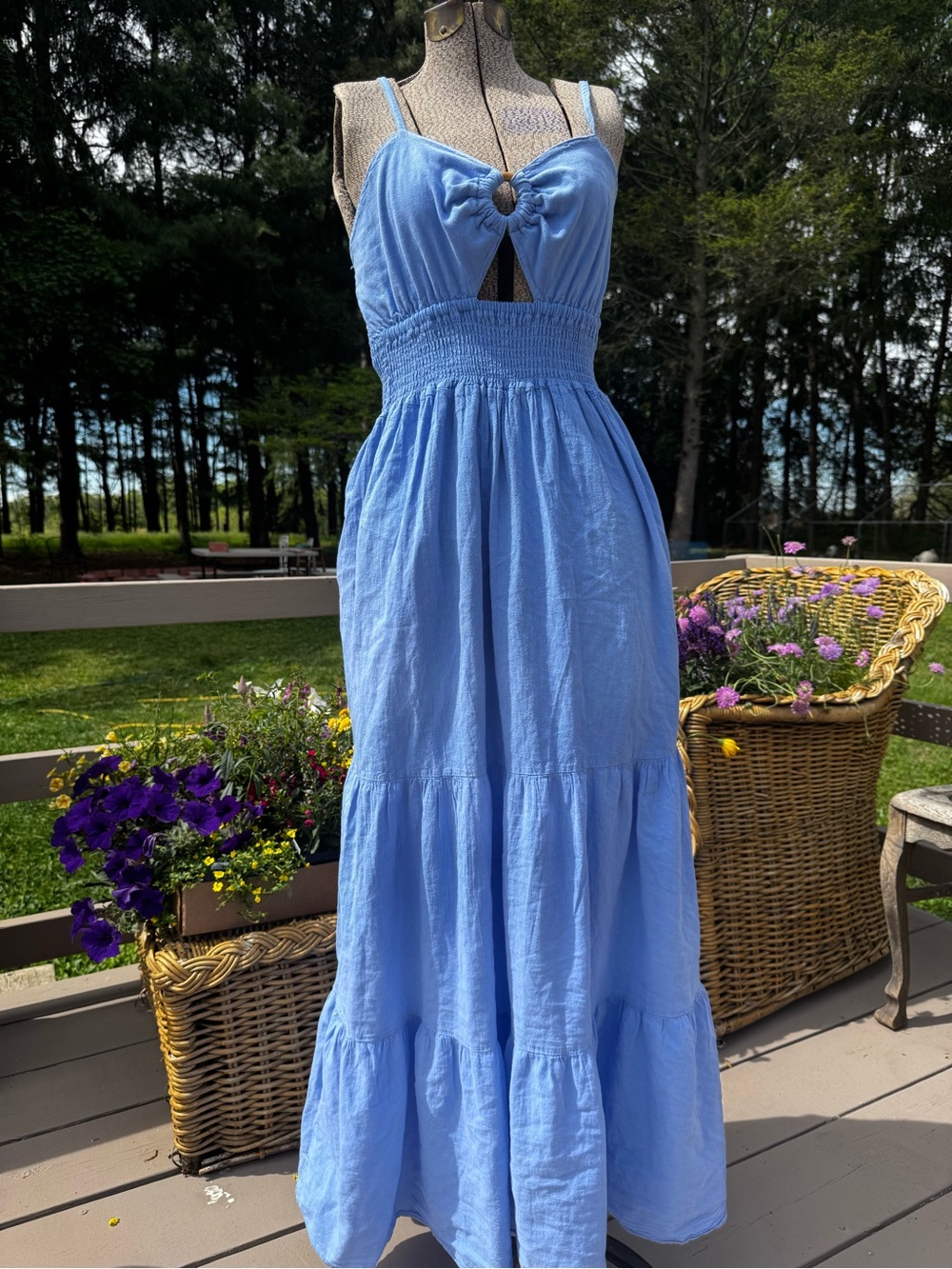 New Light Blue Smocked Maxi Dress with Tie Front - made in Peru